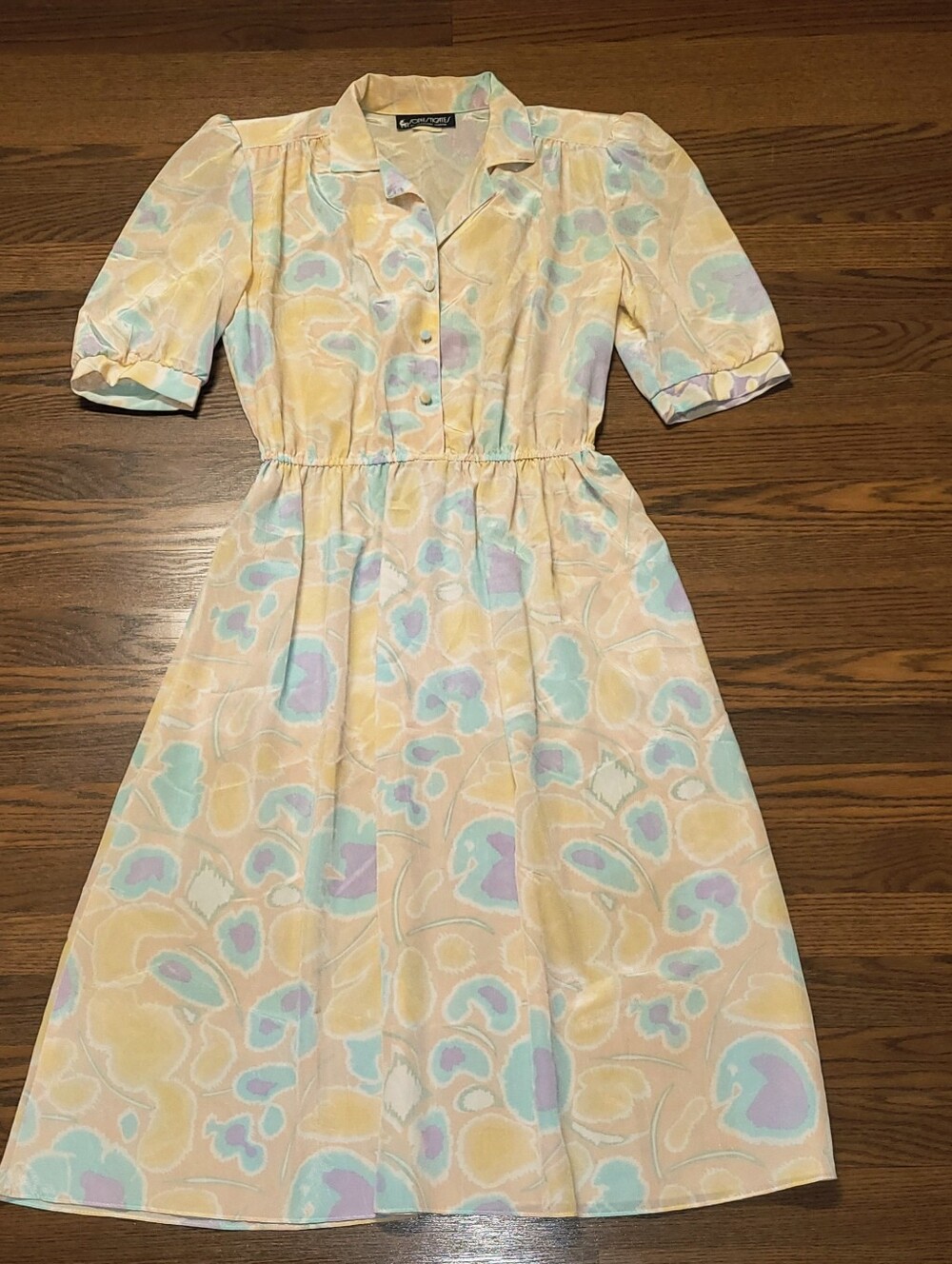 Vintage 80s Sophisticates Satin Polyester Shirt Dress Pastel Watercolor Print 10